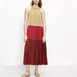 LOFT  Beach Colorblock Tiered Halter Midi Dress - Henna Red - Size S